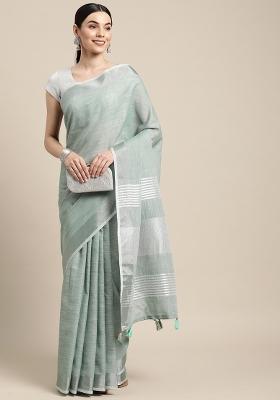 Sea Green Woven Zari Work Poly Cotton Saree Set