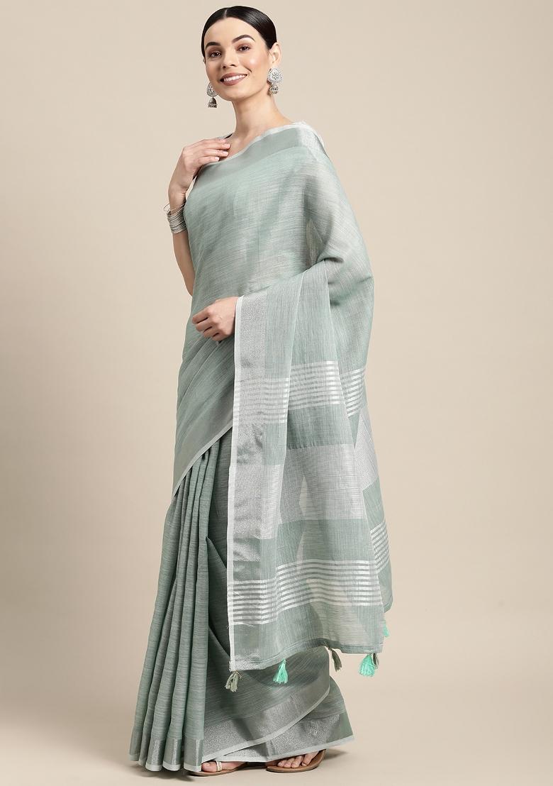 Sea Green Woven Zari Work Poly Cotton Saree Set - Indya