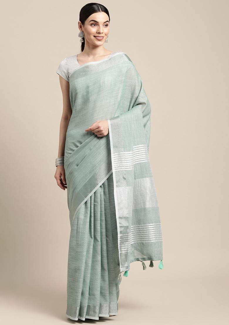 Sea Green Woven Zari Work Poly Cotton Saree Set - Indya