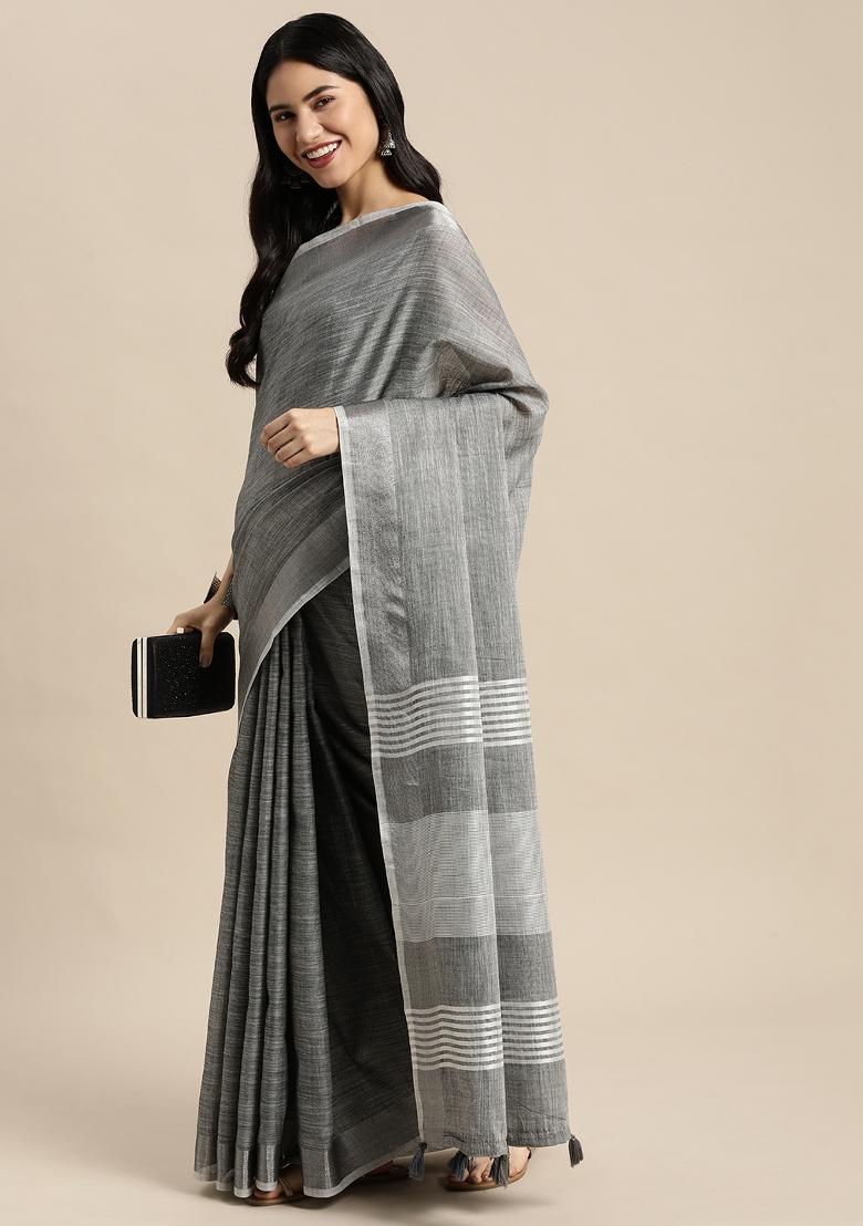 Dark Grey Woven Zari Work Poly Cotton Saree Set - Indya