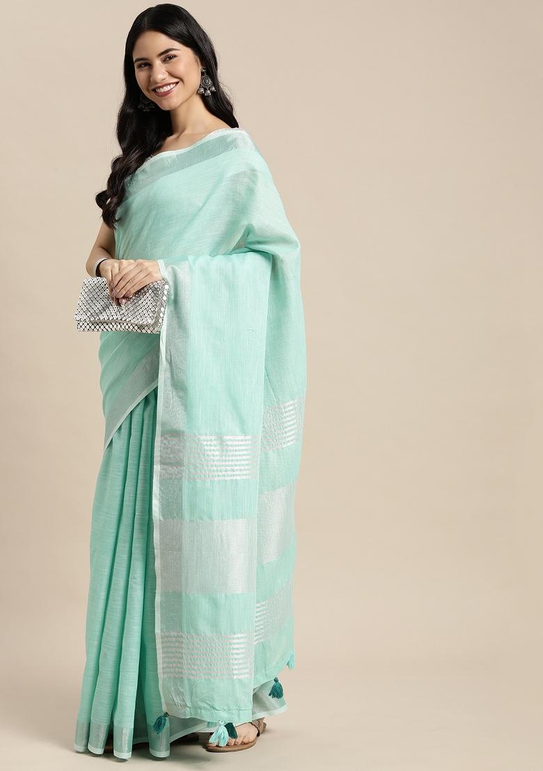 Turquoise Woven Zari Work Poly Cotton Saree Set - Indya
