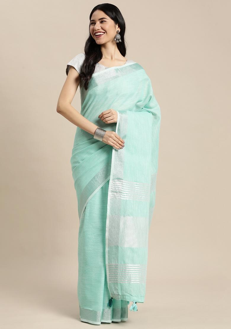 Turquoise Woven Zari Work Poly Cotton Saree Set - Indya