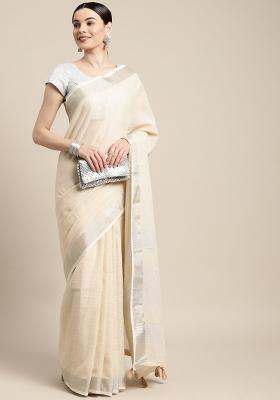Beige Woven Zari Work Poly Cotton Saree Set
