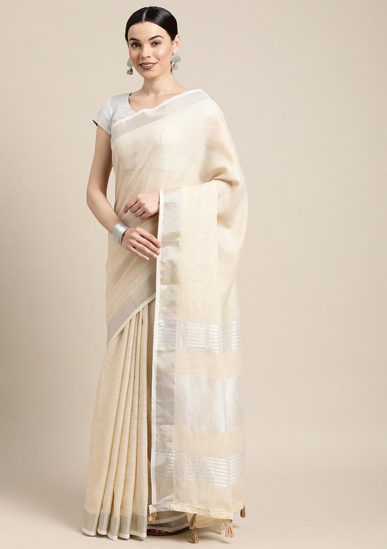 Beige Woven Zari Work Poly Cotton Saree Set - Indya