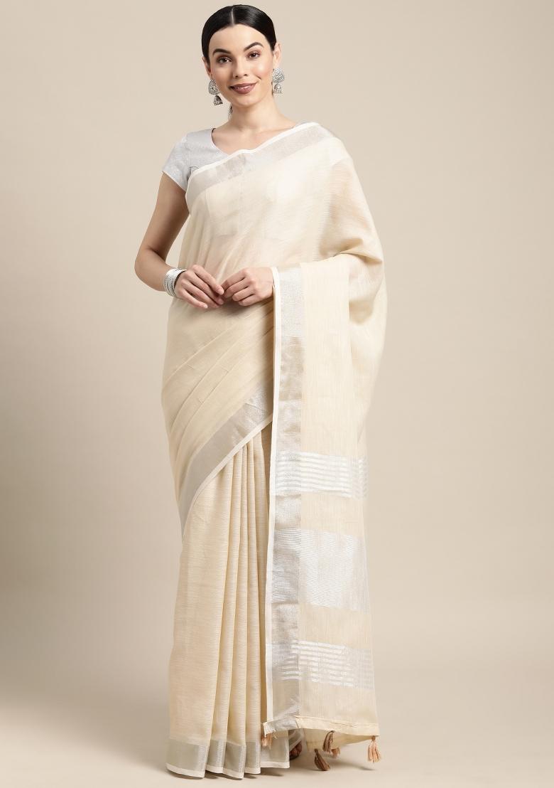 Beige Woven Zari Work Poly Cotton Saree Set - Indya