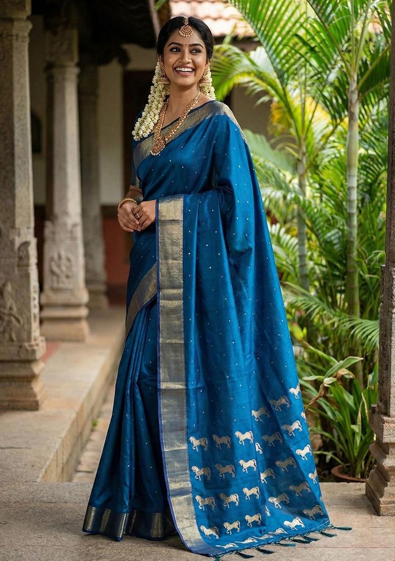 Royal Blue Woven Zari Work Silk Saree Set - Indya