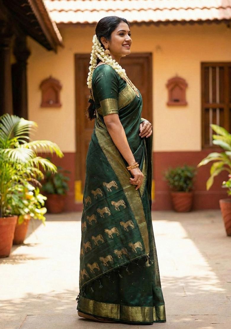 Dark Green Woven Zari Work Silk Saree Set - Indya
