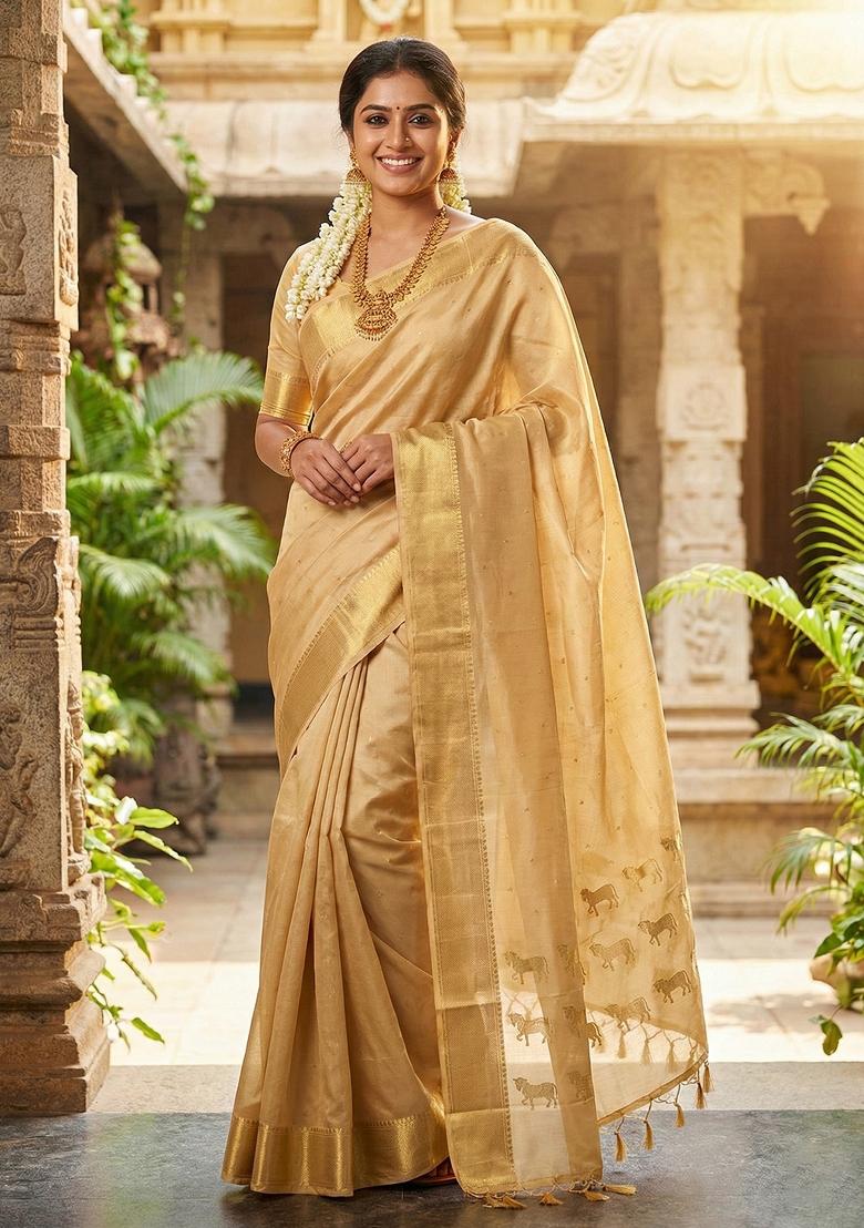 Beige Woven Zari Work Silk Saree Set - Indya