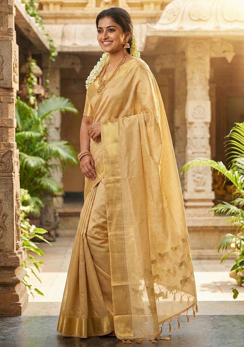 Beige Woven Zari Work Silk Saree Set - Indya