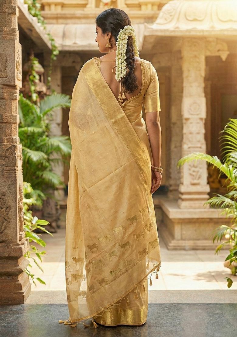 Beige Woven Zari Work Silk Saree Set - Indya