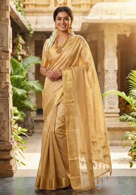 Beige Woven Zari Work Silk Saree Set