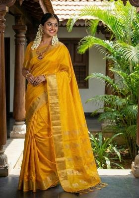 Yellow Woven Zari Work Silk Saree Set