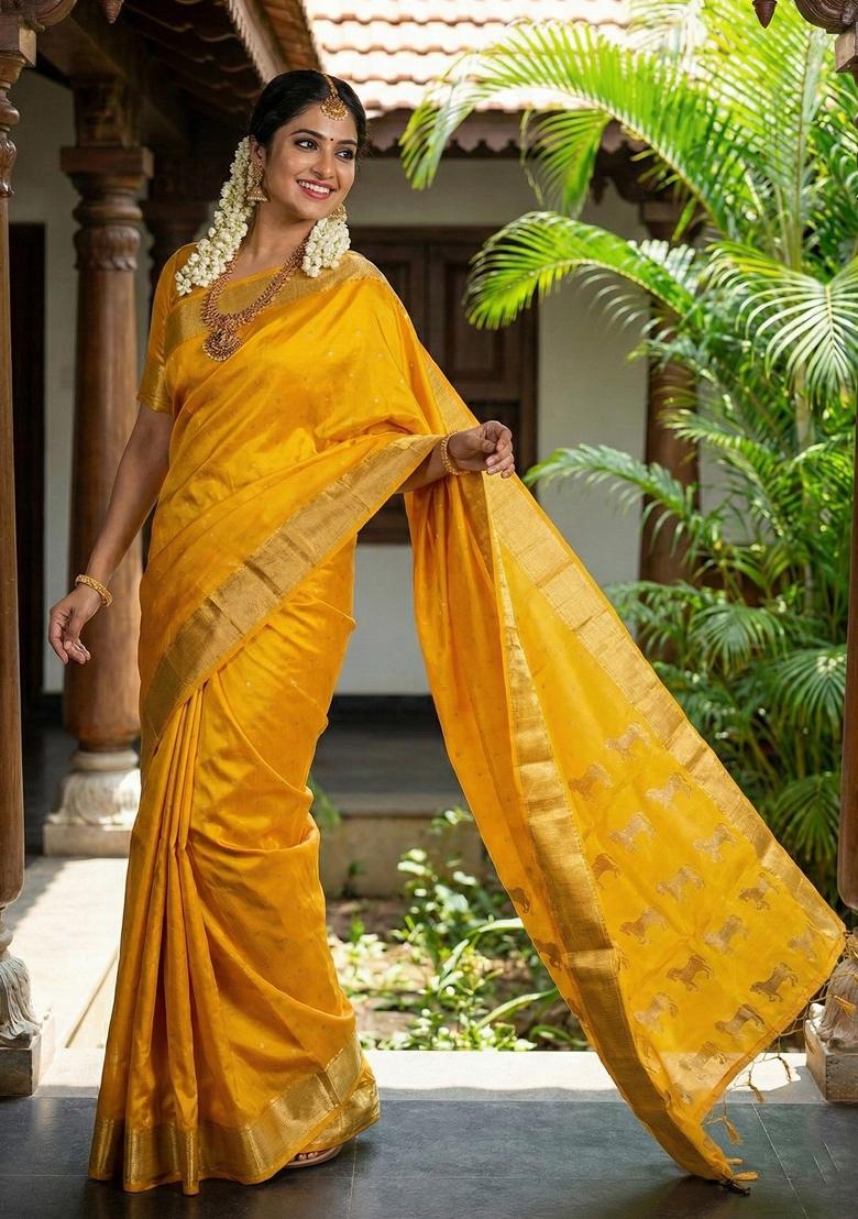 Yellow Woven Zari Work Silk Saree Set - Indya