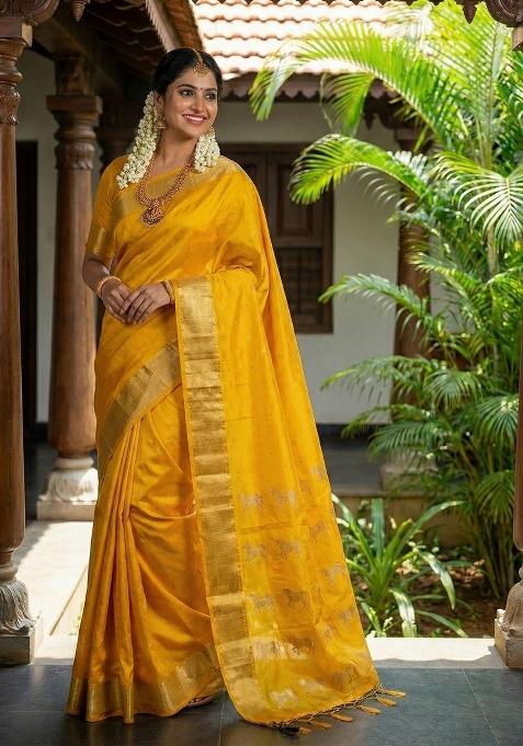 Yellow Woven Zari Work Silk Saree Set