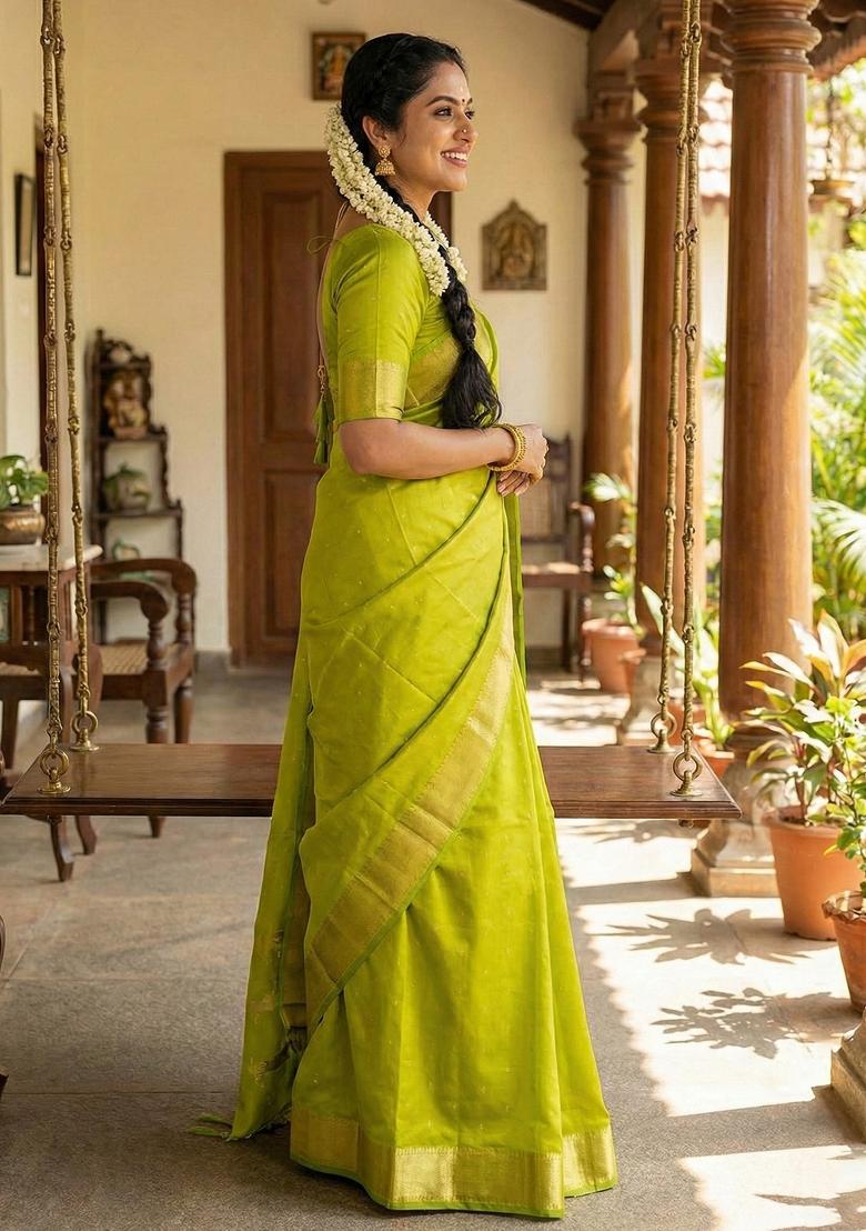 Light Green Woven Zari Work Silk Saree Set - Indya