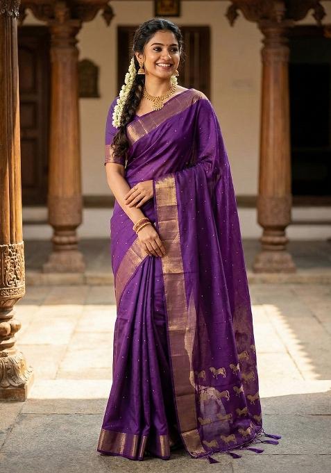 Purple Woven Zari Work Silk Saree Set