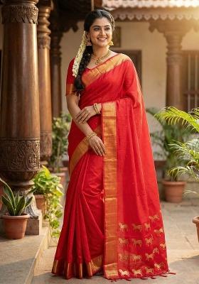 Red Woven Zari Work Silk Saree Set
