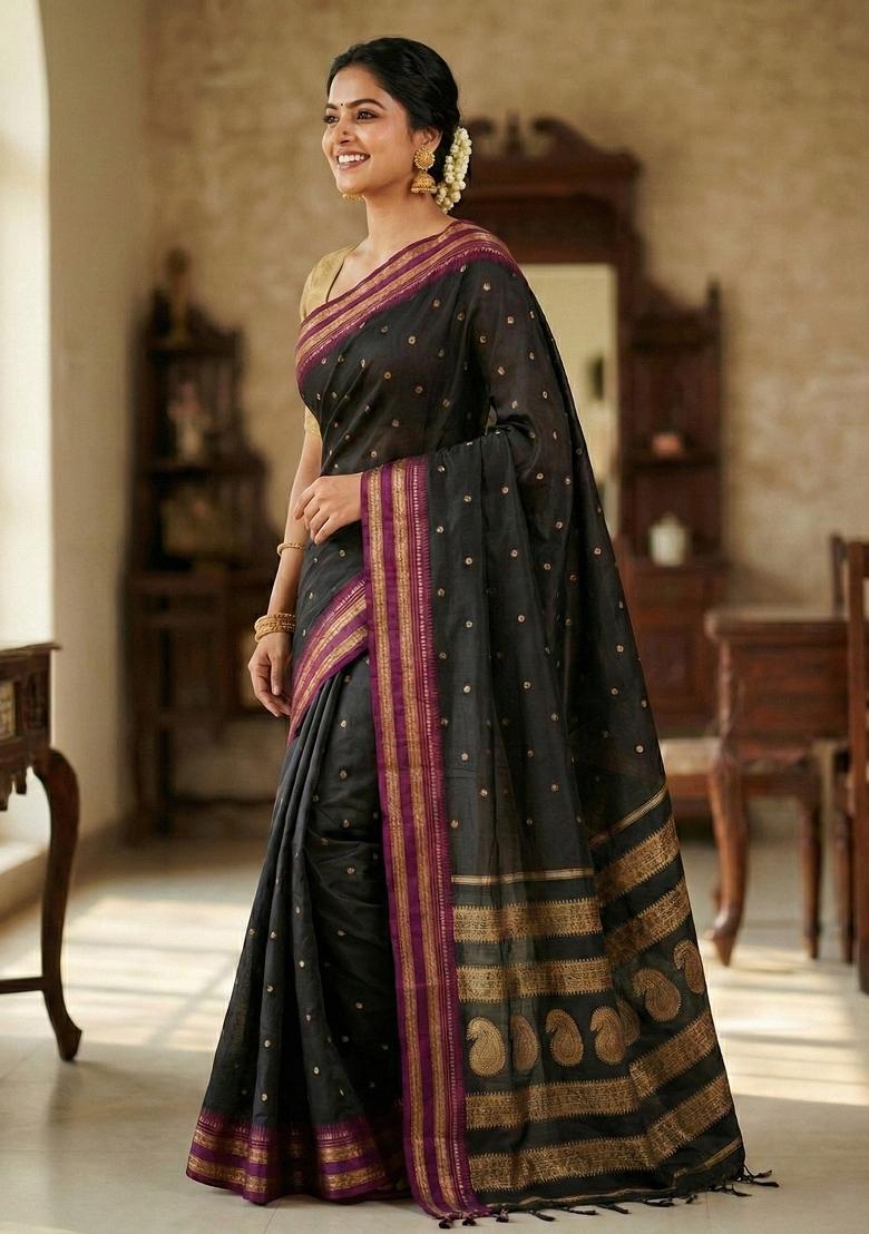 Black Woven Zari Work Silk Saree Set - Indya