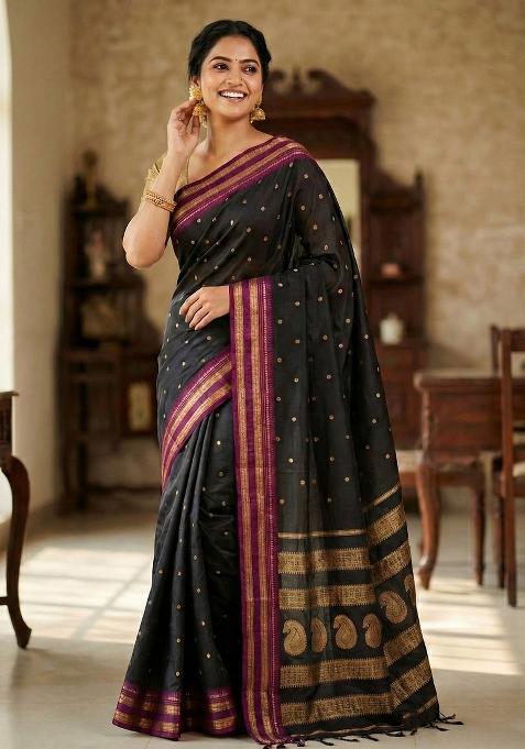 Black Woven Zari Work Silk Saree Set