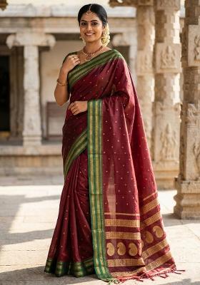 Maroon Woven Zari Work Silk Saree Set