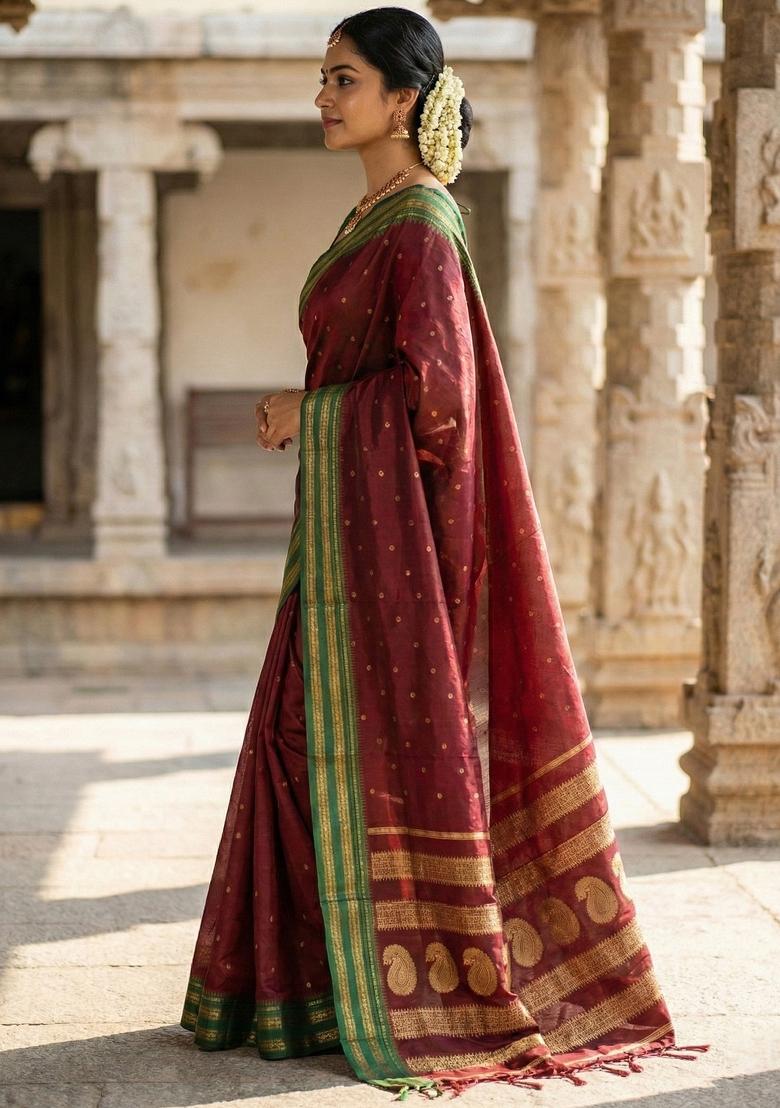 Maroon Woven Zari Work Silk Saree Set - Indya