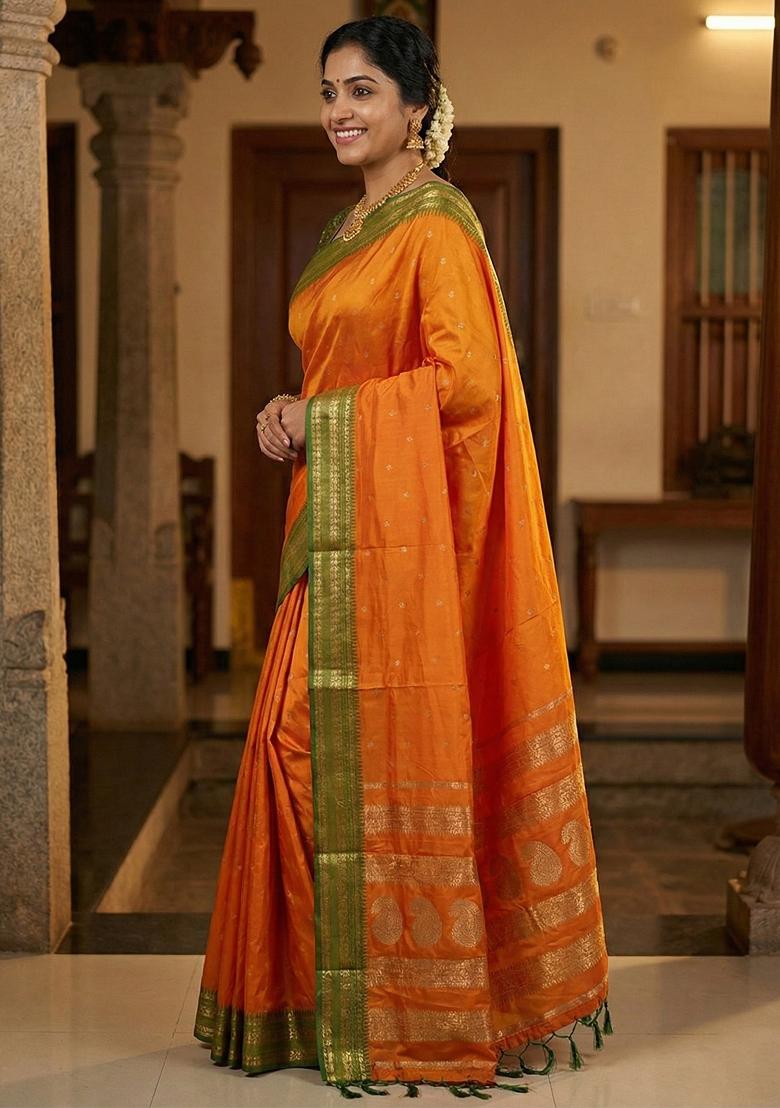 Orange Woven Zari Work Silk Saree Set - Indya