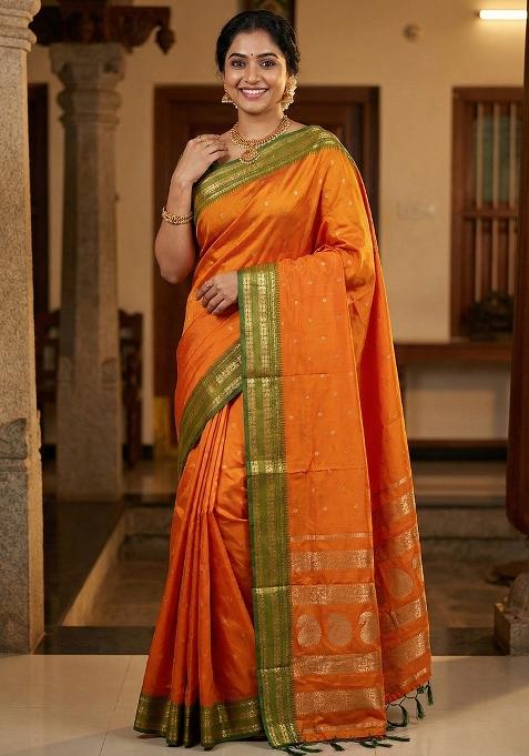 Orange Woven Zari Work Silk Saree Set — view on Indya