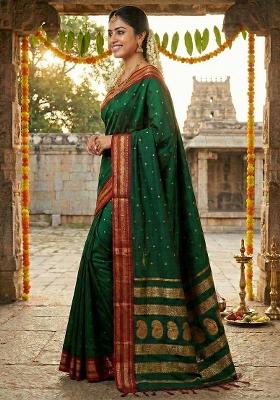 Dark Green Woven Zari Work Silk Saree Set