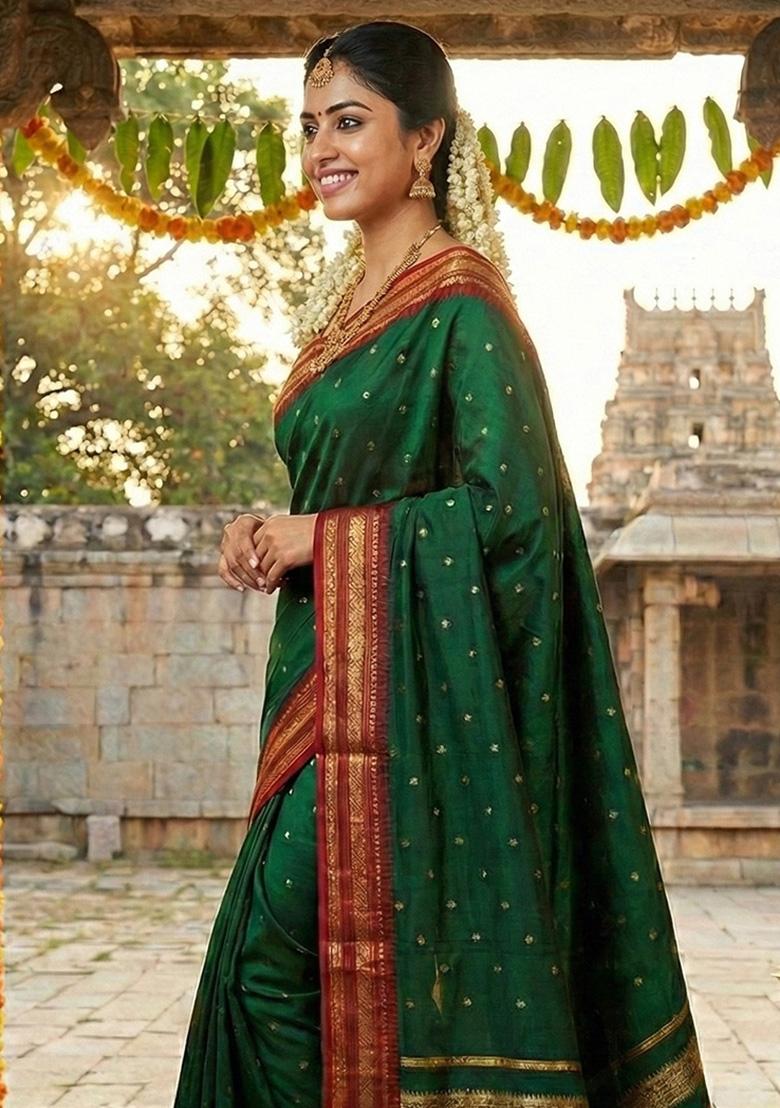 Dark Green Woven Zari Work Silk Saree Set - Indya