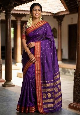 Purple Woven Zari Work Silk Saree Set