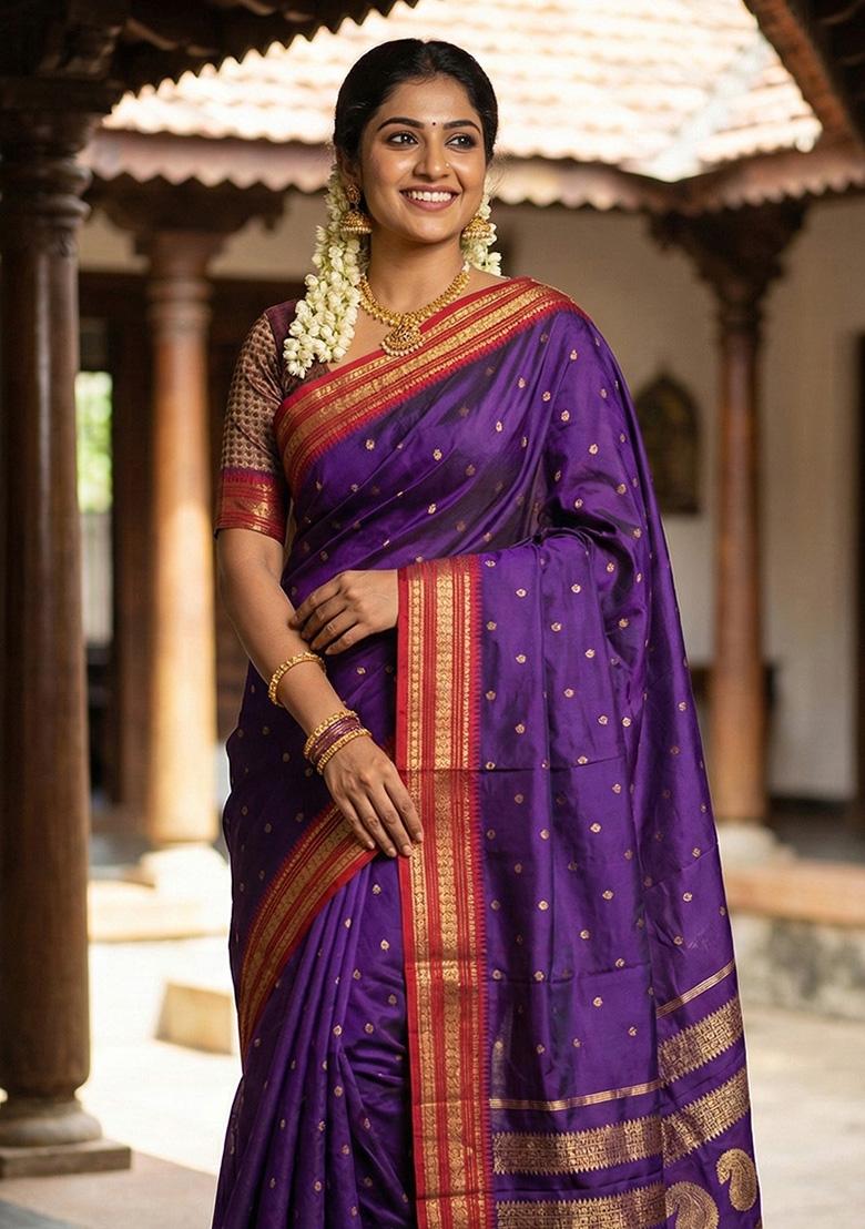 Purple Woven Zari Work Silk Saree Set - Indya