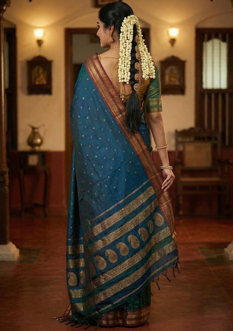Teal Blue Woven Zari Work Silk Saree Set - Indya
