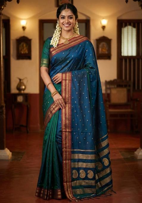 Teal Blue Woven Zari Work Silk Saree Set — view on Indya