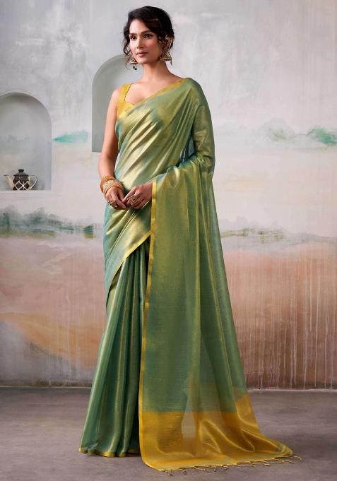 Sea Green Woven Zari Work Tissue Silk Saree Set — view on Indya