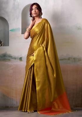 Mustard Woven Zari Work Tissue Silk Saree Set