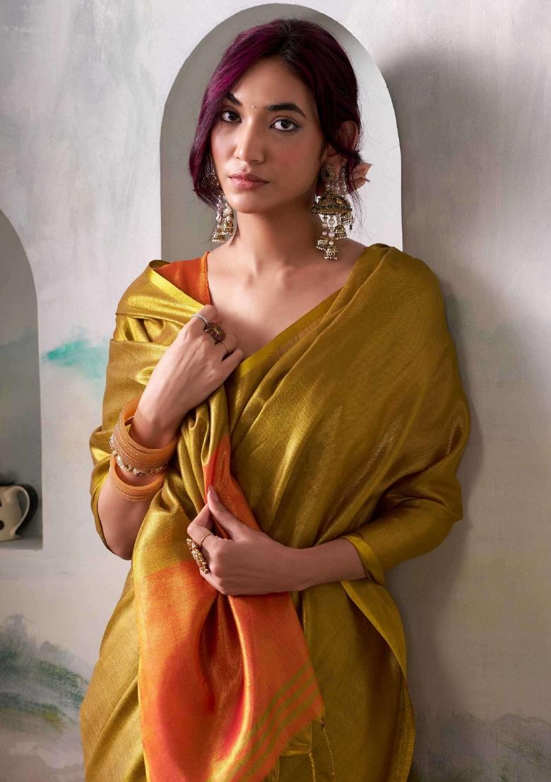 Mustard Woven Zari Work Tissue Silk Saree Set - Indya