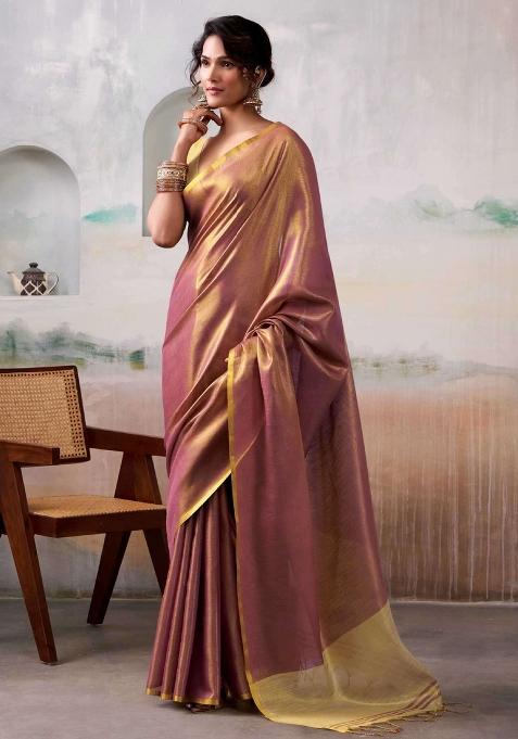Onion Pink Woven Zari Work Tissue Silk Blend Saree Set