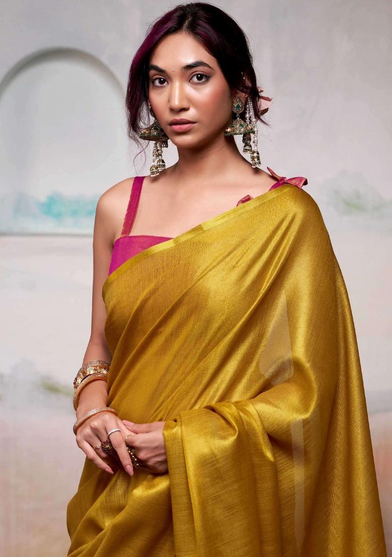 Yellow Woven Zari Work Tissue Silk Saree Set - Indya