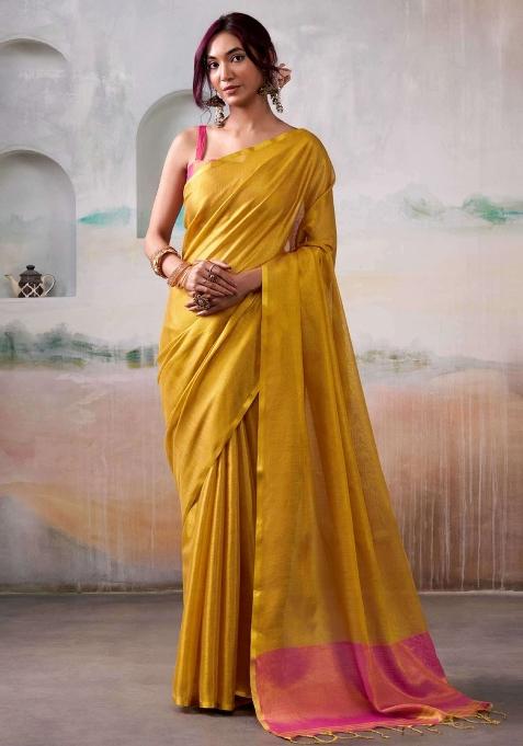 Yellow Woven Zari Work Tissue Silk Blend Saree Set