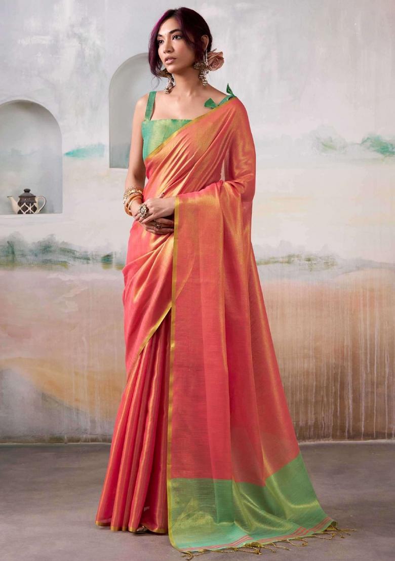 Peach Woven Zari Work Tissue Silk Saree Set - Indya