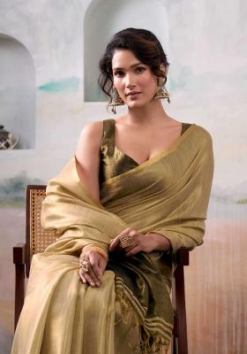 Beige Woven Zari Work Tissue Silk Saree Set