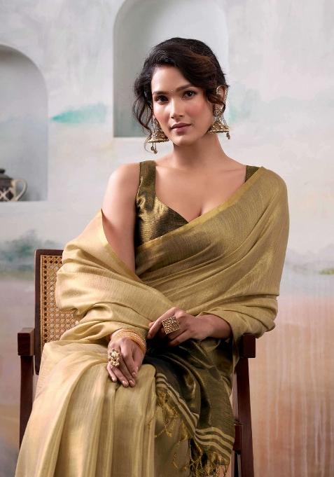 Beige Woven Zari Work Tissue Silk Saree Set