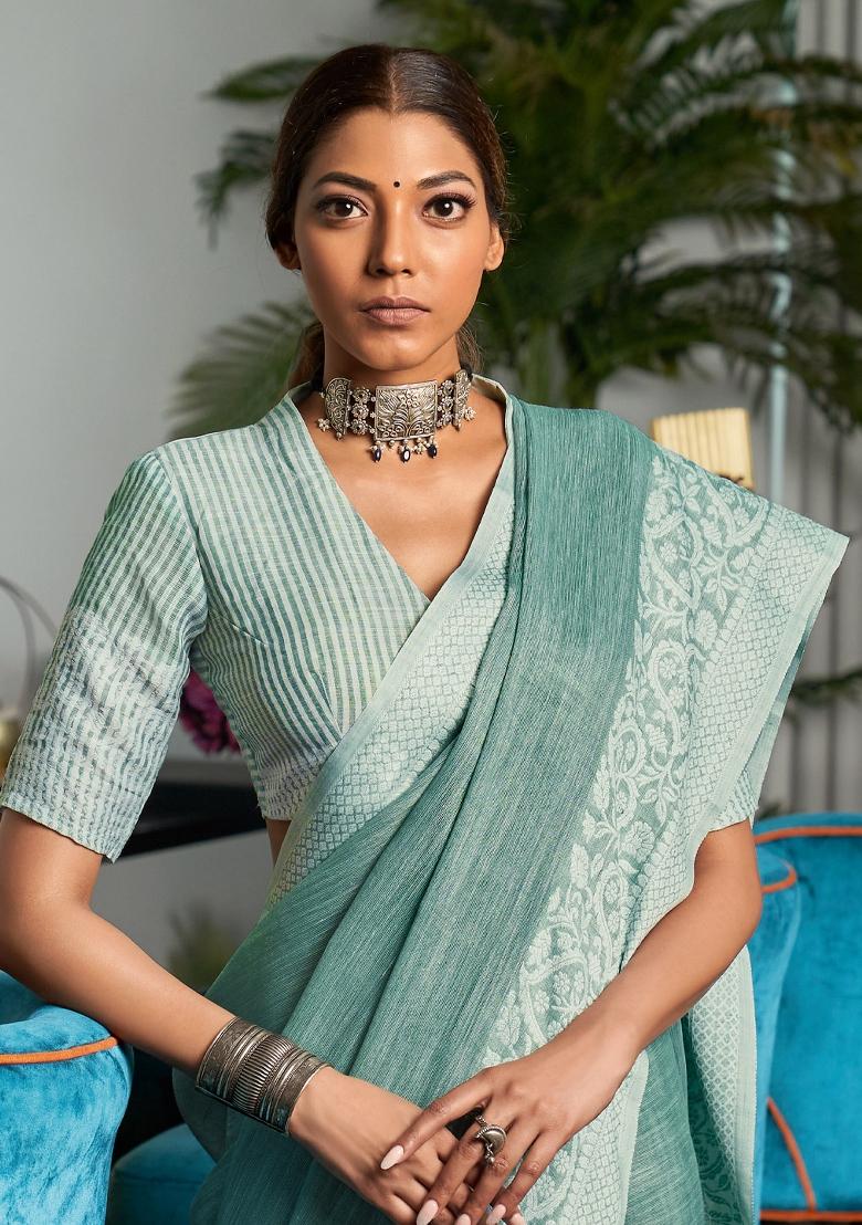 Sea Green Woven Zari Work Poly Cotton Saree Set - Indya