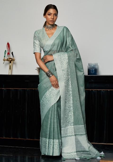 Sea Green Woven Zari Work Poly Cotton Saree Set — view on Indya
