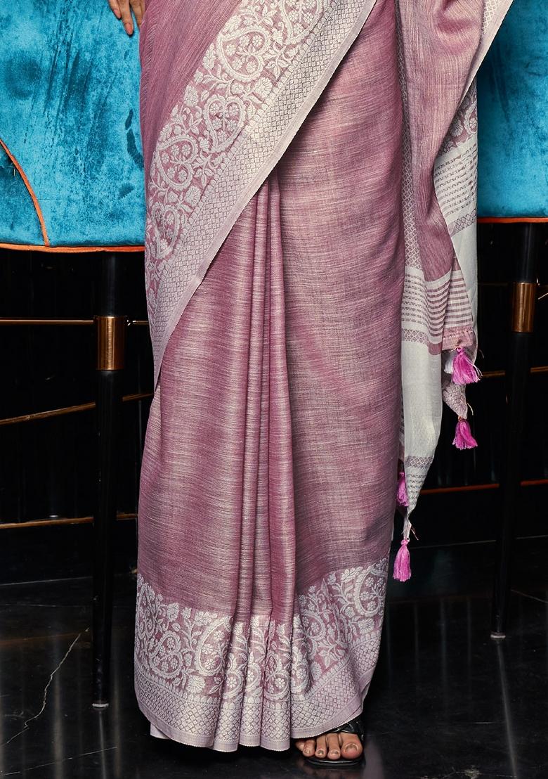 Purple Woven Zari Work Poly Cotton Saree Set - Indya