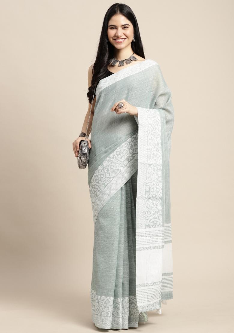 Sea Green Woven Zari Work Poly Cotton Saree Set - Indya