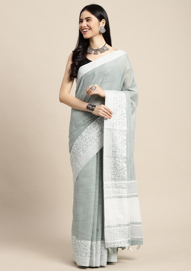Sea Green Woven Zari Work Poly Cotton Saree Set - Indya