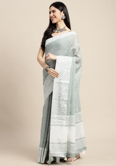 Sea Green Woven Zari Work Poly Cotton Saree Set