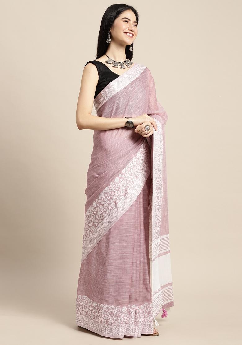 Purple Woven Zari Work Poly Cotton Saree Set - Indya
