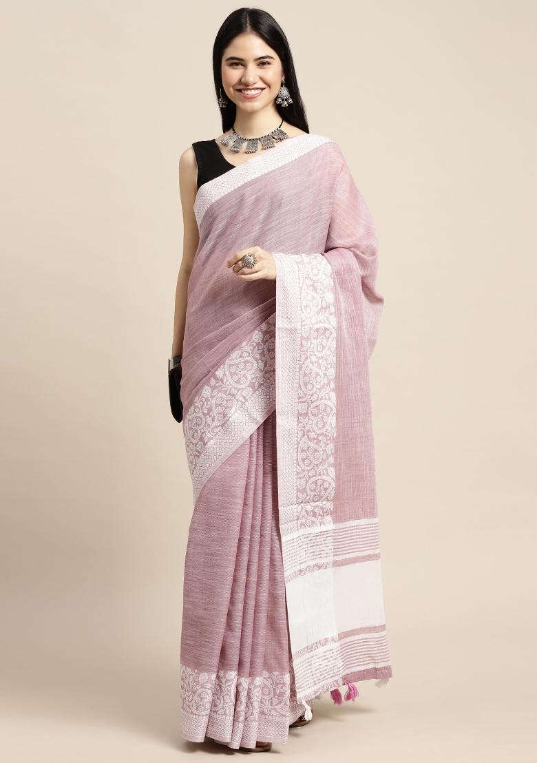 Purple Woven Zari Work Poly Cotton Saree Set - Indya
